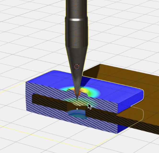 Blender 3D visualization of heat-set insert technique using soldering iron to thermally bond PLA 3D printed bracket with cardboard substrate showing heat distribution